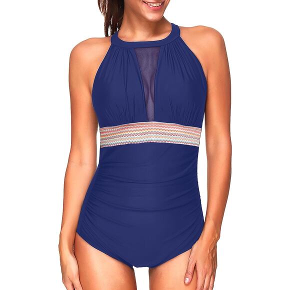 NWT Large One Piece Tummy Control Ruched Navy and Color Block Swimsuit - Picture 1 of 1